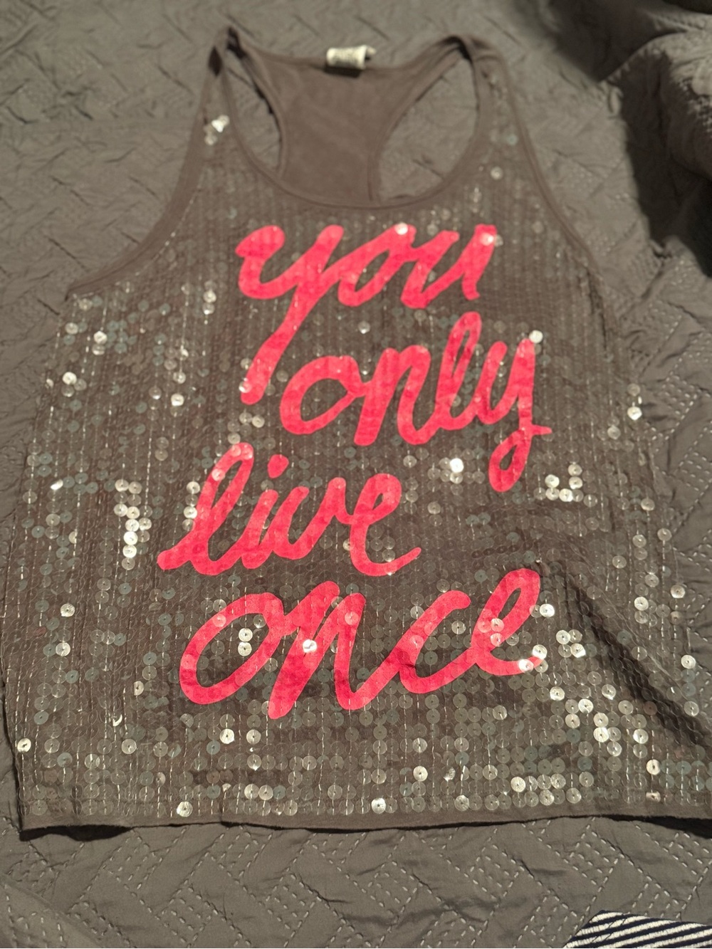 Victoria's Secret Black Sequin Tank with Pink Script